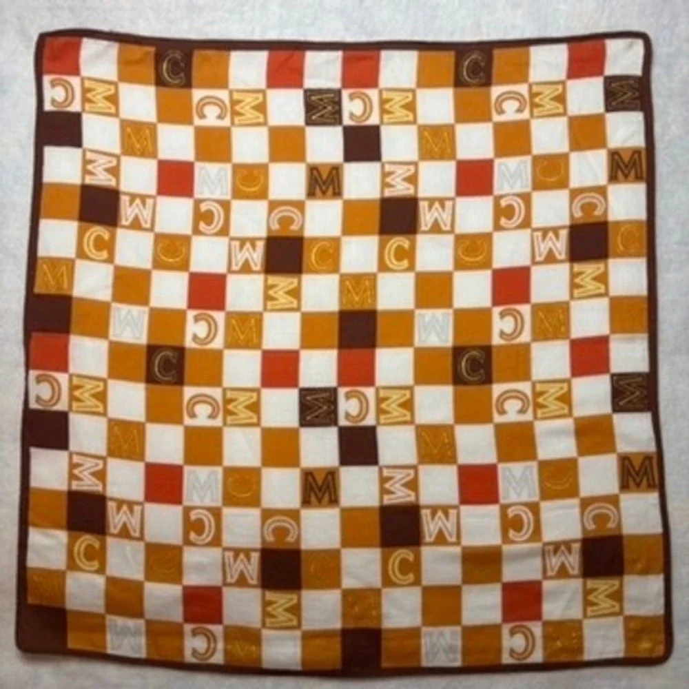Vtg MCM Scarf Handkerchief Checkerboard Logo Cotton Brown Orange 18